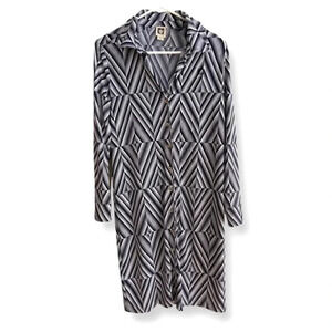 Anne Klein Navy/White Small Long Sleeve Button Down Geometric Print Dress